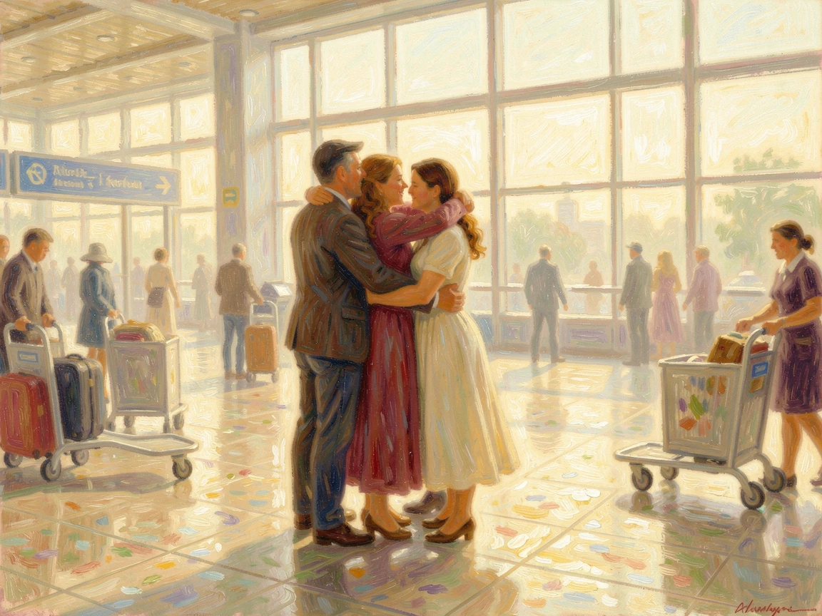 A joyful reunion at an airport, family members embracing tightly as luggage carts pass by, evoking timeless charm and quiet elegance.