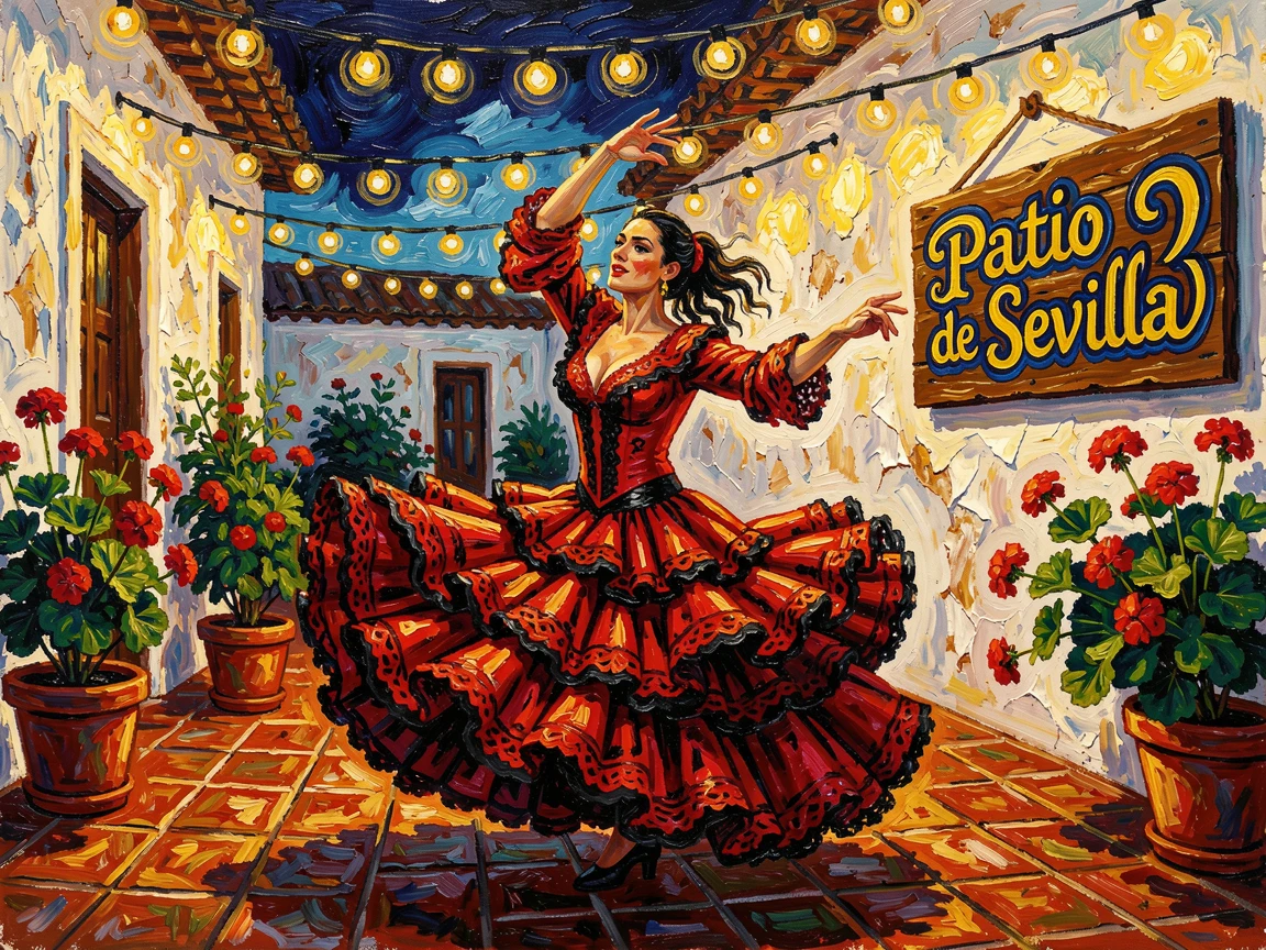 A traditional flamenco dancer performing beneath string lights in a Seville courtyard.