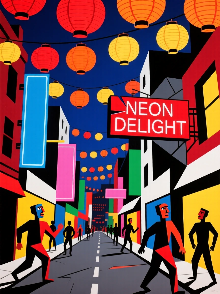 A vibrant scene of a neon-lit downtown street glowing beneath a canopy of paper lanterns.