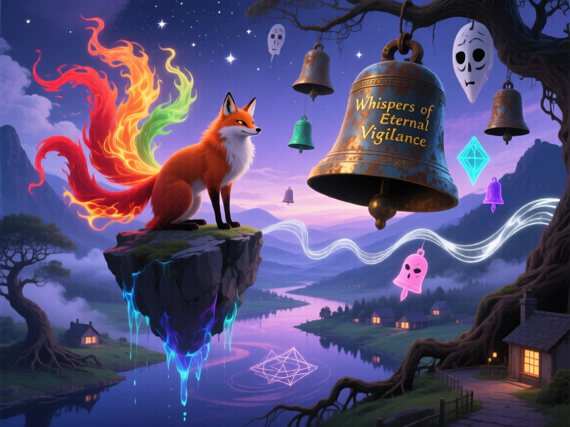 A kitsune with nine tails each trailing a different color of flame watches silently over a sleeping valley below, while distant bells seem to ring without any wind.