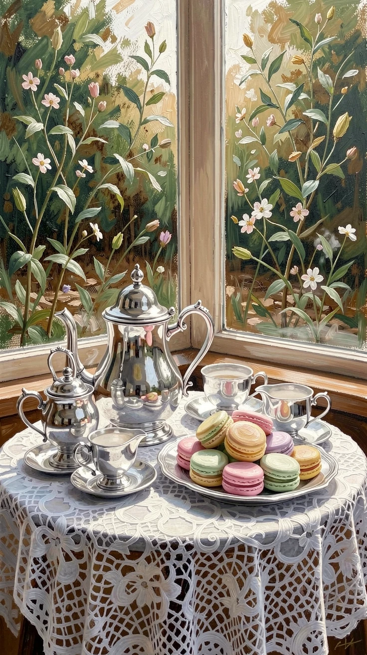 A silver tea service sits arranged on a lace tablecloth beside a plate of macarons in delicate pastel colors near a sunlit window, as a light breeze stirs the surrounding vegetation and carries the scent of damp earth.