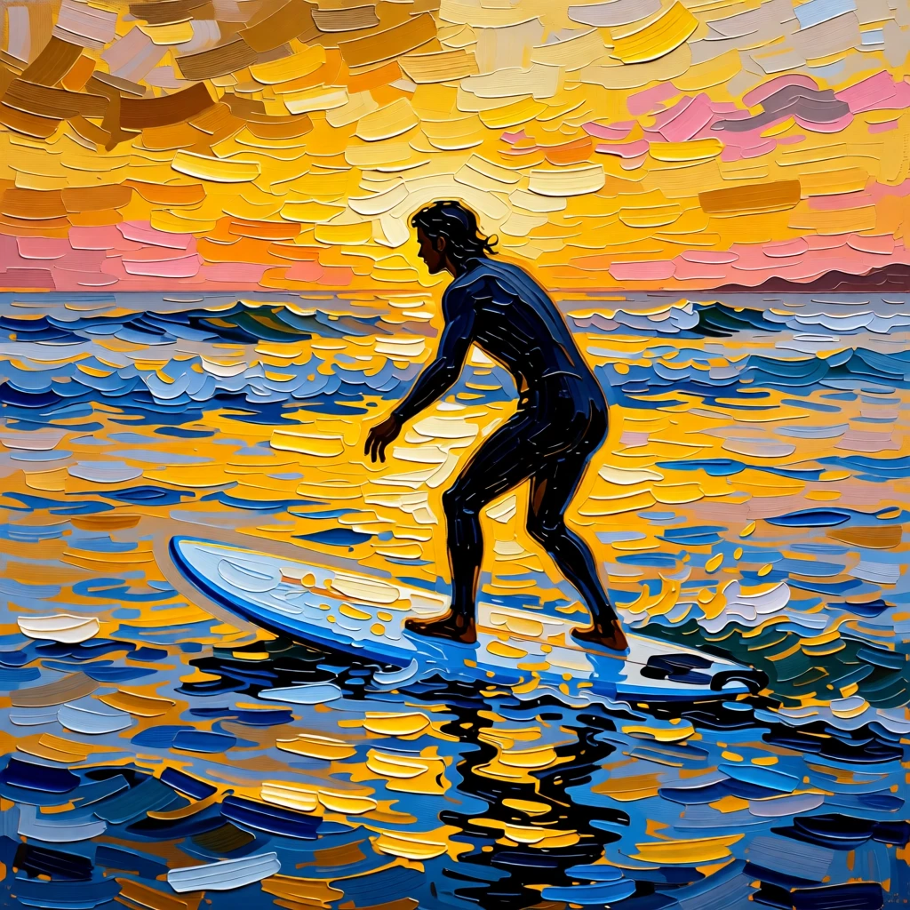 A surfer paddling out at dawn as golden light breaks over distant swells