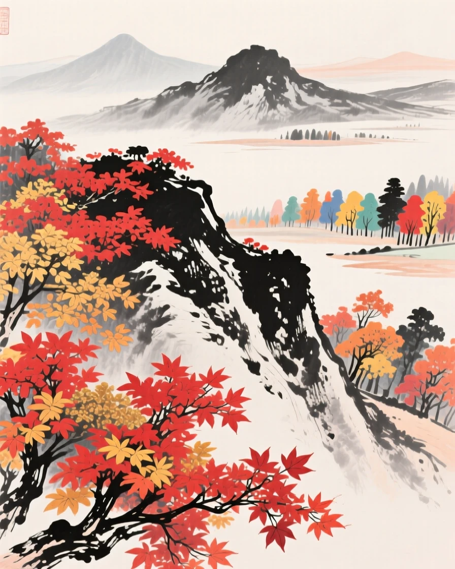 Maple leaves blaze red and gold across a mountain slope, with distant peaks rising above a sea of colorful trees.