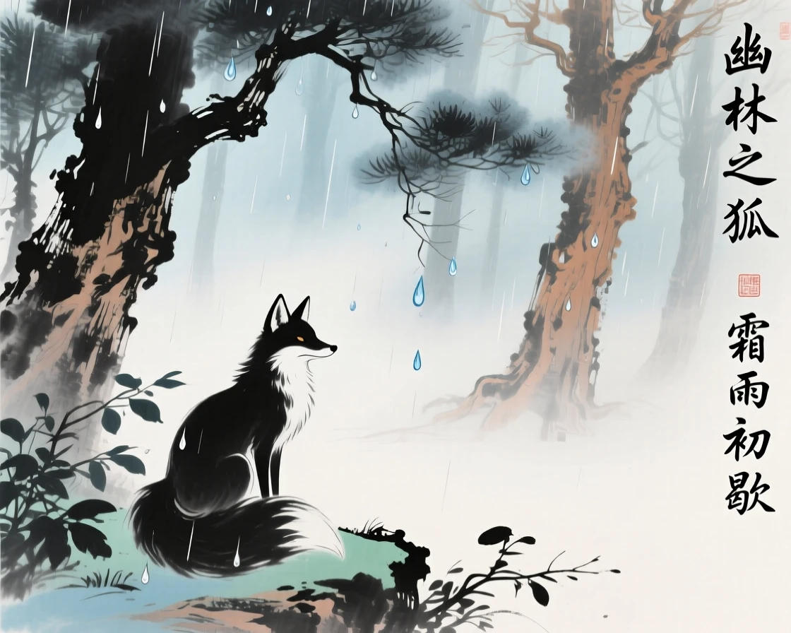 A spirit fox pausing at the edge of an enchanted misty forest, in the mild days of early winter, just after a rain shower.
