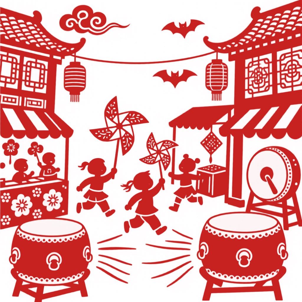 A scene of a street parade with drums and cymbals, where children weave between stalls chasing paper windmills, with drums echoing between the surrounding buildings.