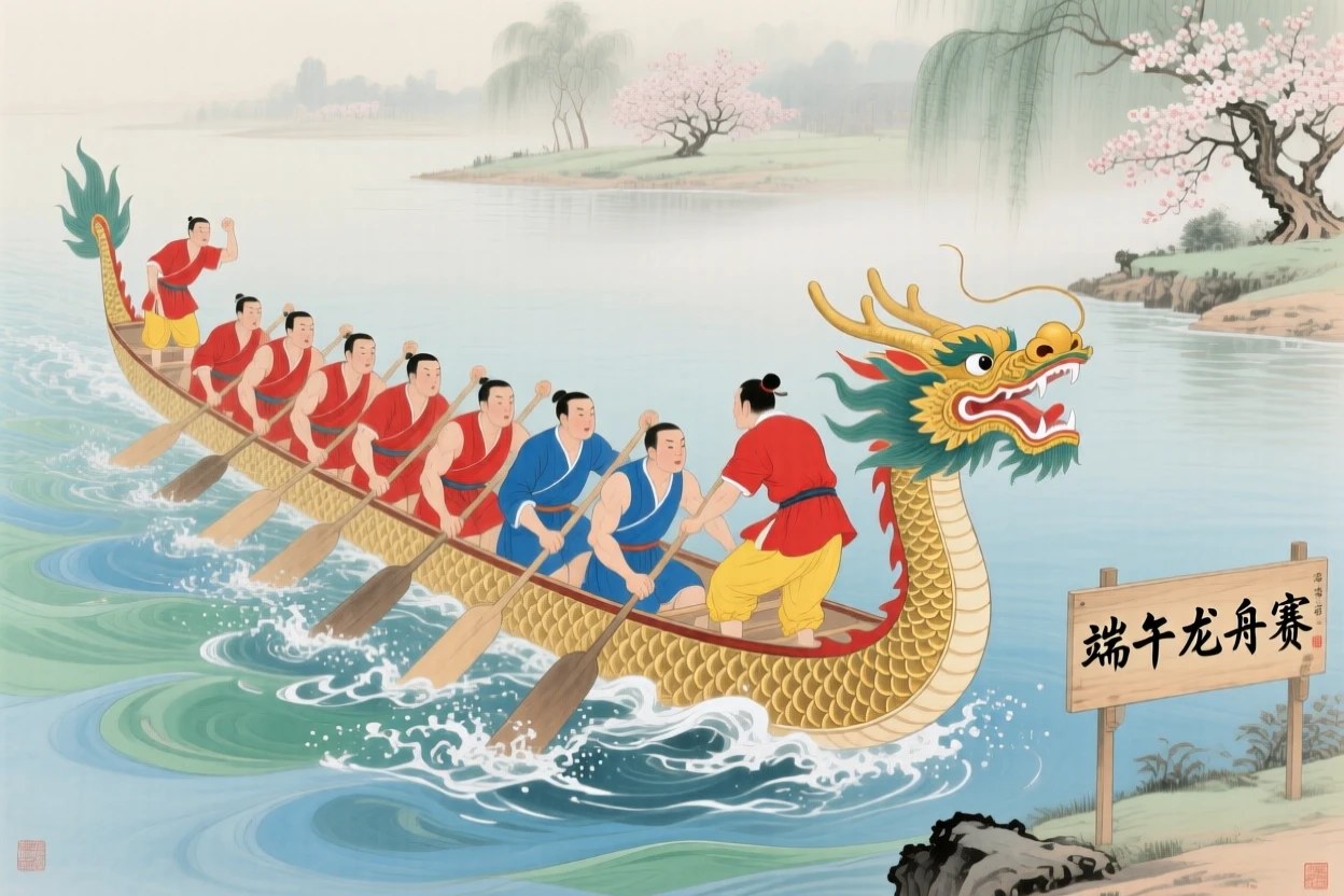 A dragon boat race with rowers in bright costumes cutting through the water