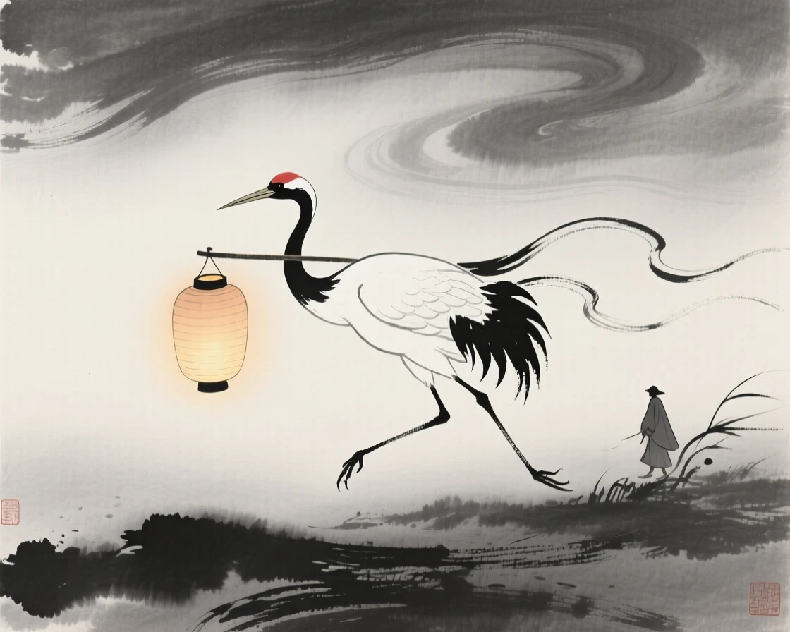 A lantern-carrying spirit crane guiding travelers through fog, captured mid-motion with flowing, graceful lines, conveying graceful power and serene majesty.
