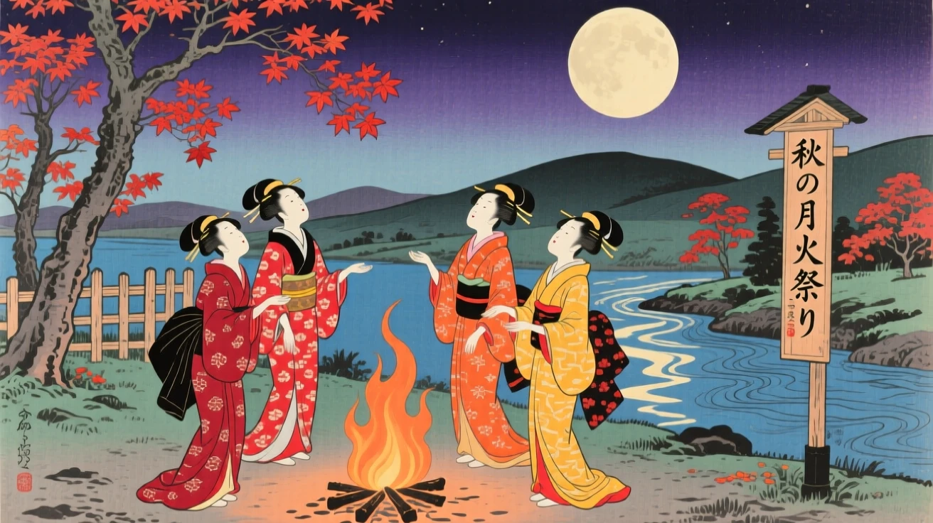 Dancers around a bonfire admiring the full autumn moon together.
