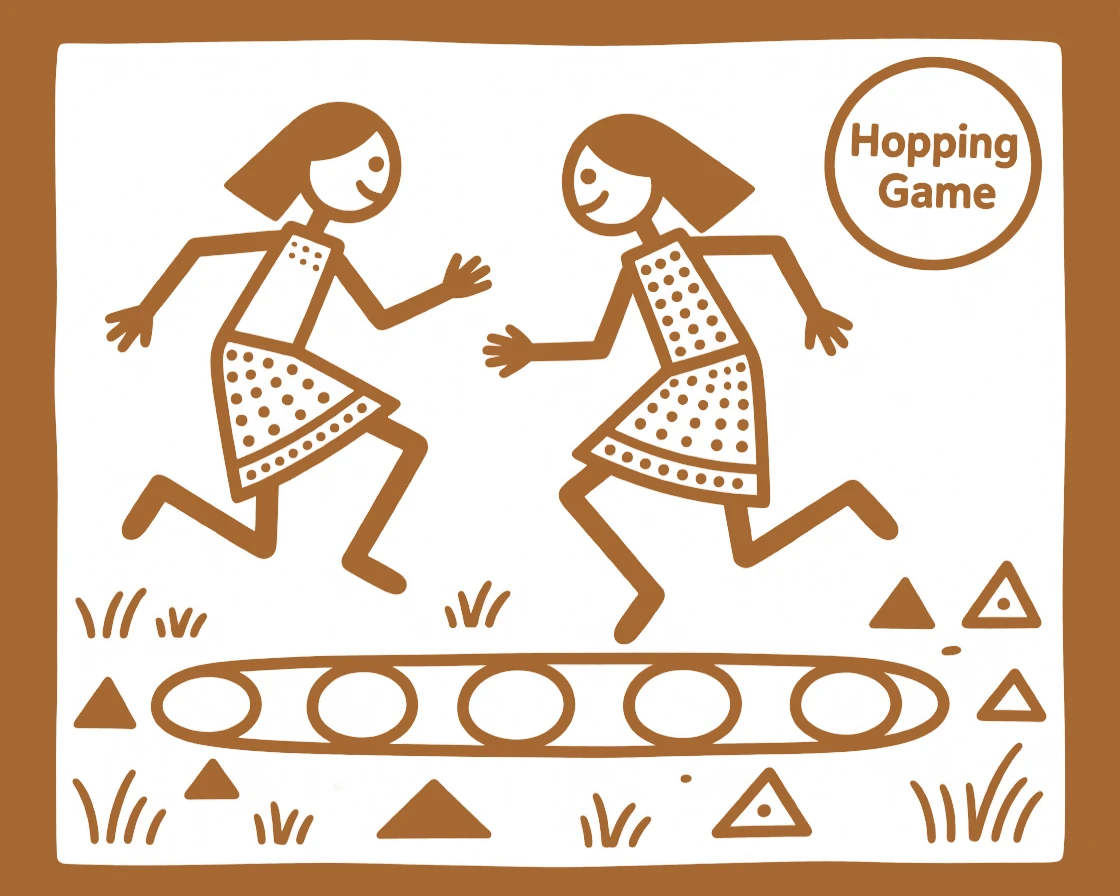 Twin sisters playing a traditional hopping game.
