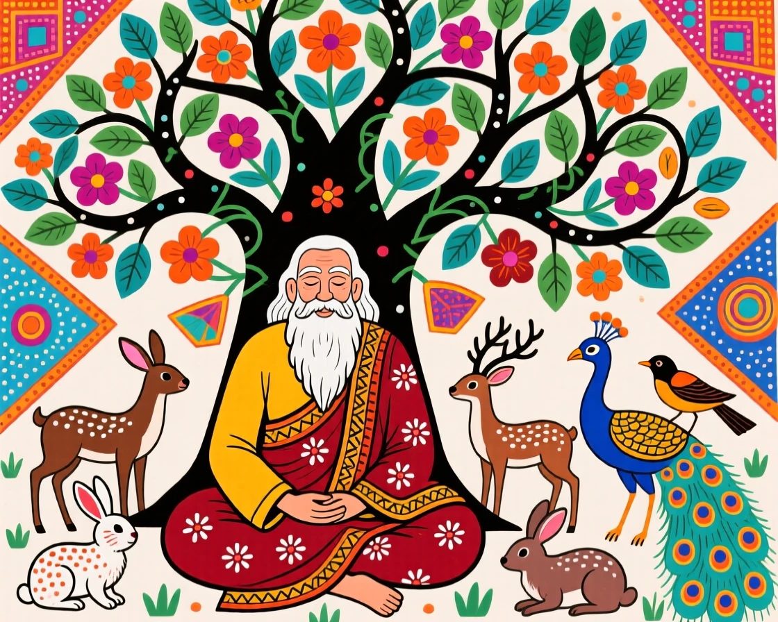 An old sage seated beneath a tree, surrounded by listening animals.