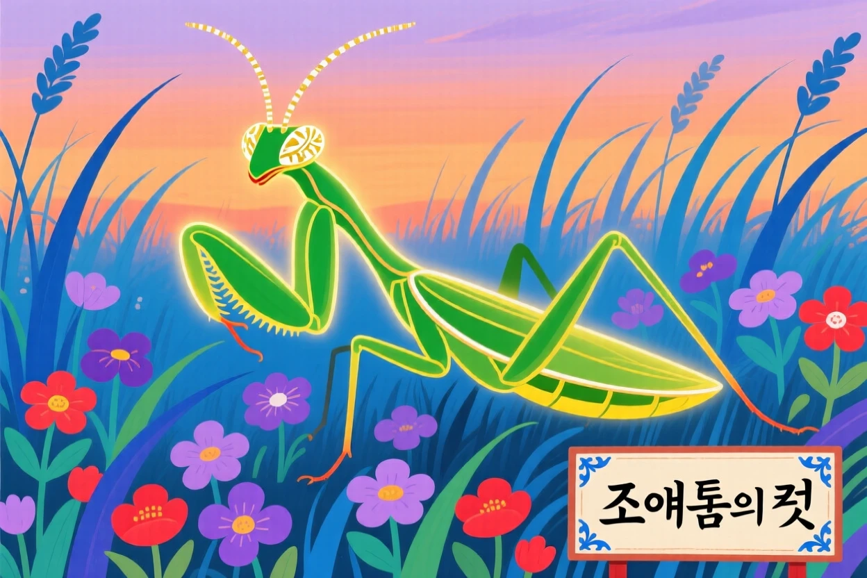 A praying mantis glowing softly at dusk in a summer meadow.