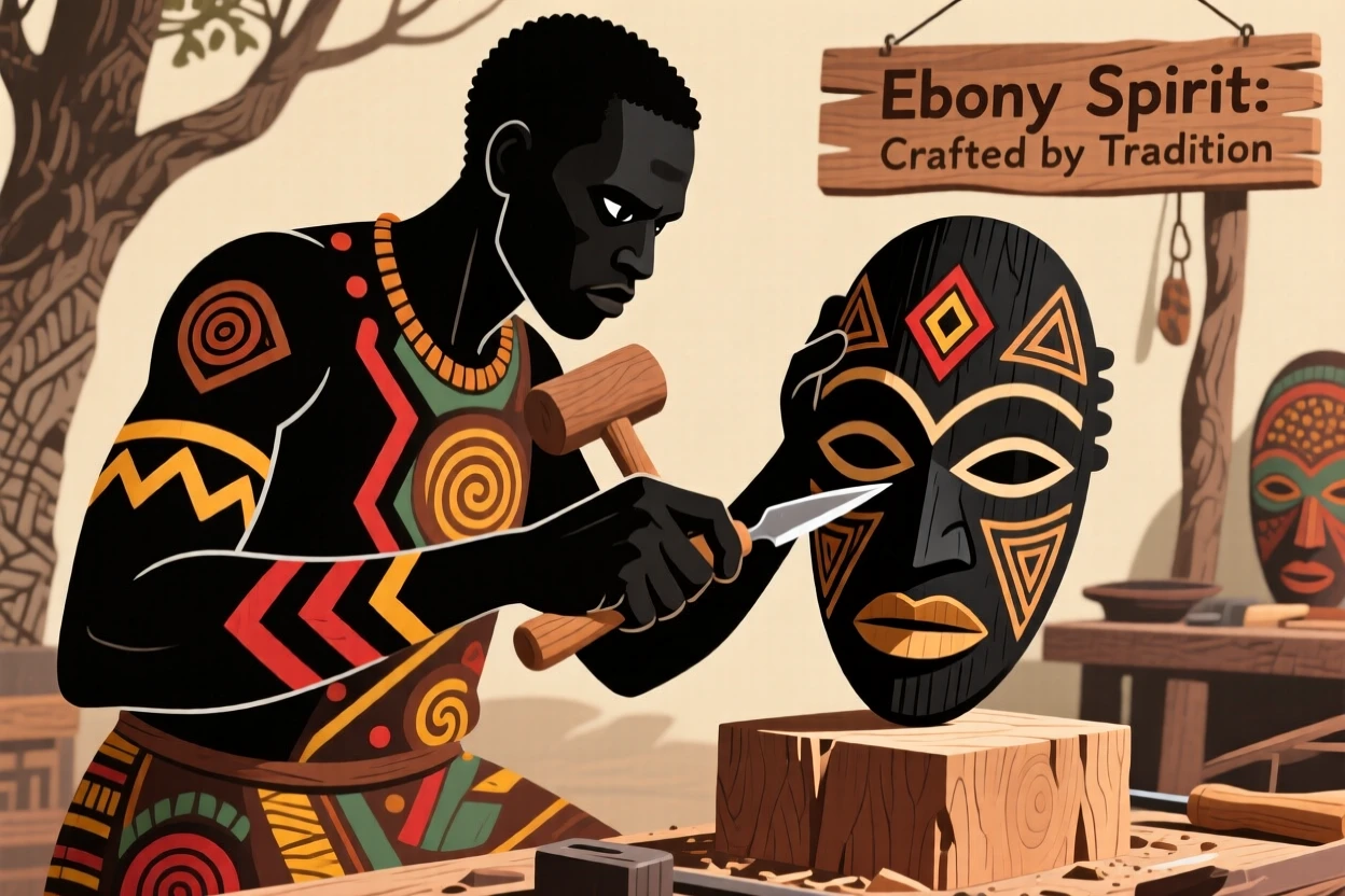 A woodcarver chiseling a mask from a block of ebony.