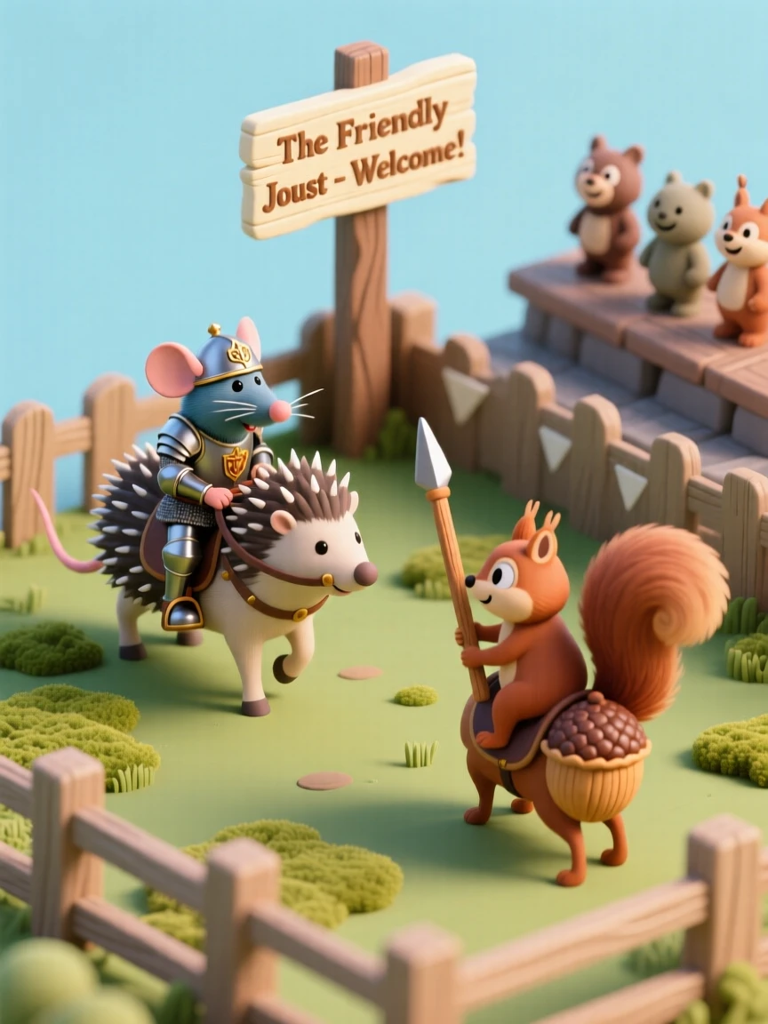 A brave mouse knight riding a loyal hedgehog steed into a friendly joust against a squirrel opponent.