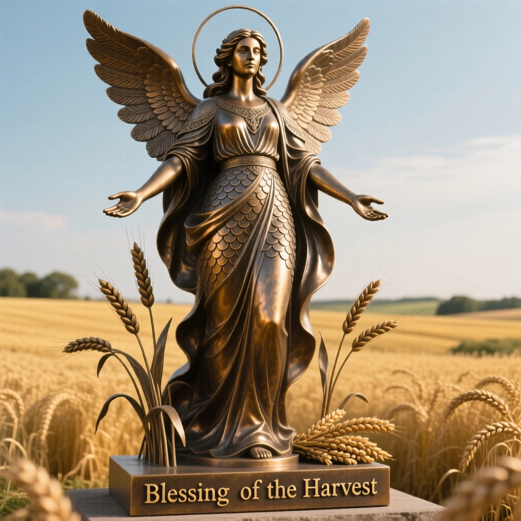 A goddess of harvest blessing golden fields, with intricate scale and feather detail, radiating awe and grandeur