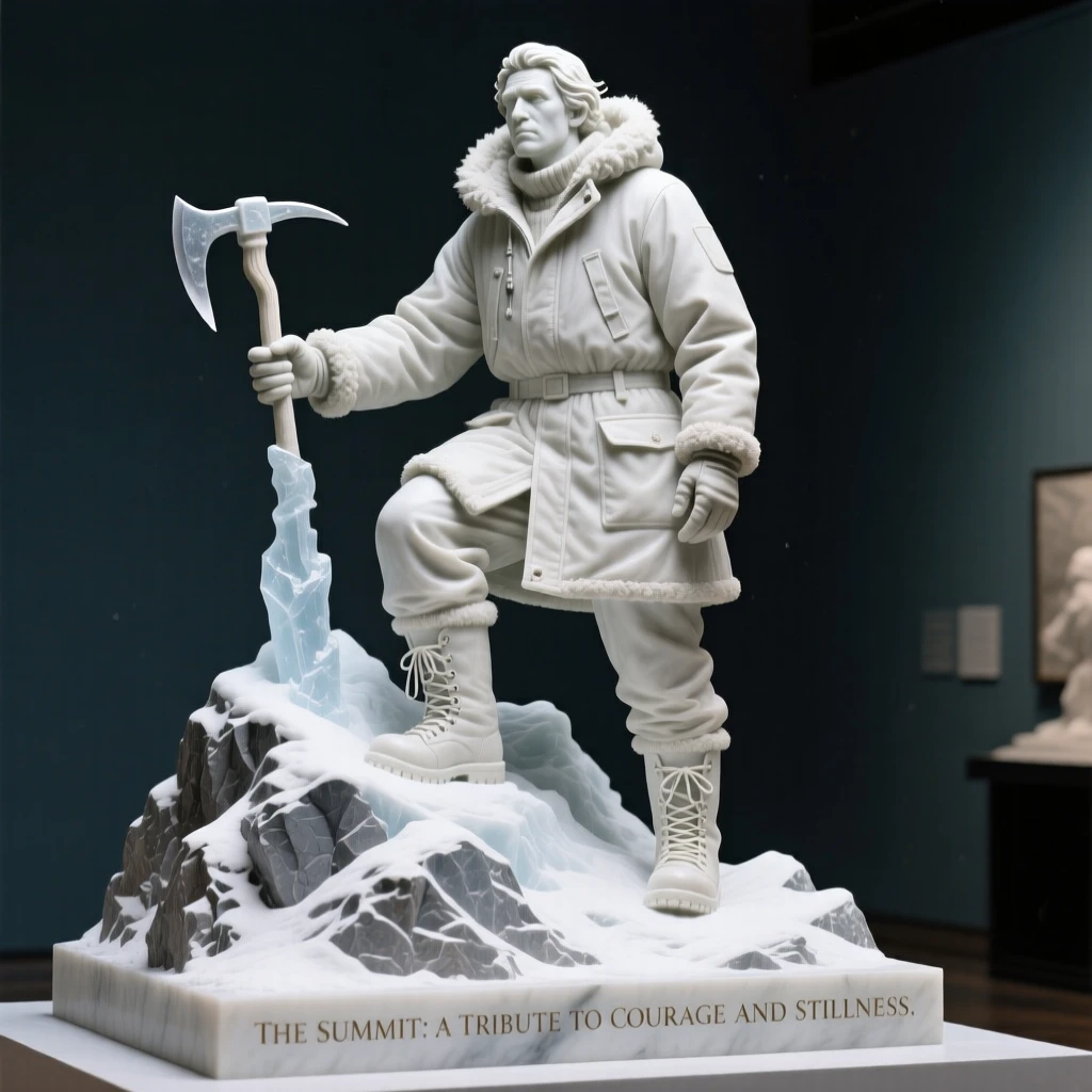 An evocative depiction of a fearless explorer atop a snowy peak, in a moment of quiet stillness, balancing detail with emotional depth
