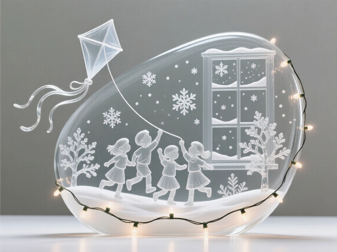 Beneath strings of twinkling holiday lights, children flying kites together on a breezy spring afternoon, while snowflakes drift slowly past the window