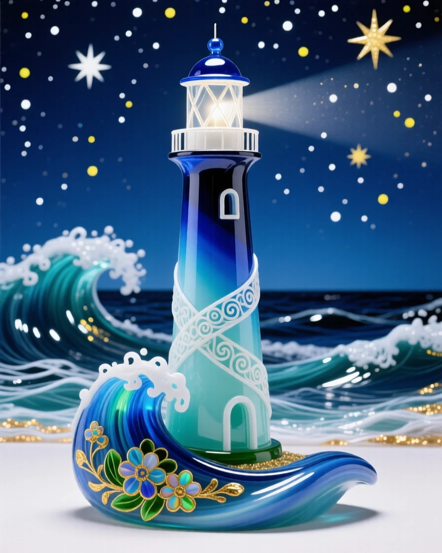 A lone lighthouse standing firm against crashing waves beneath a starry sky, resilient and iconic.