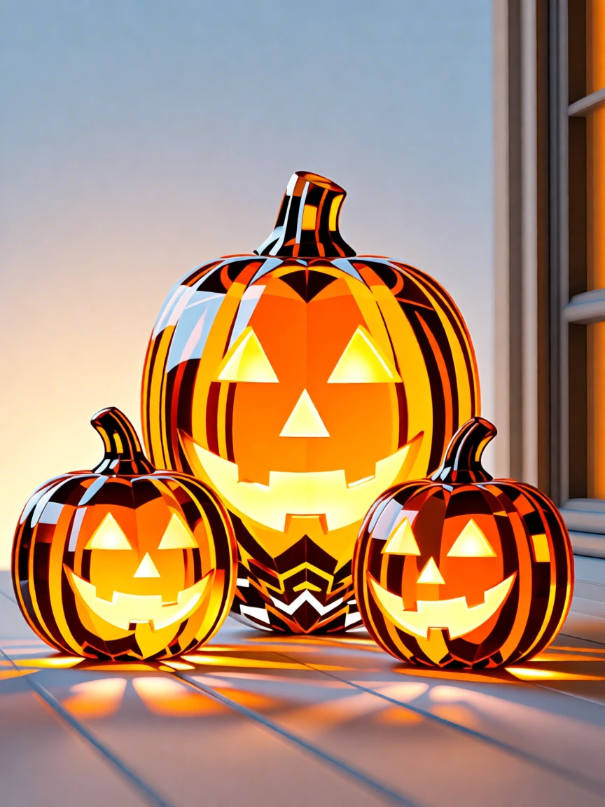 A cozy Halloween scene with carved pumpkins glowing on a porch at twilight.