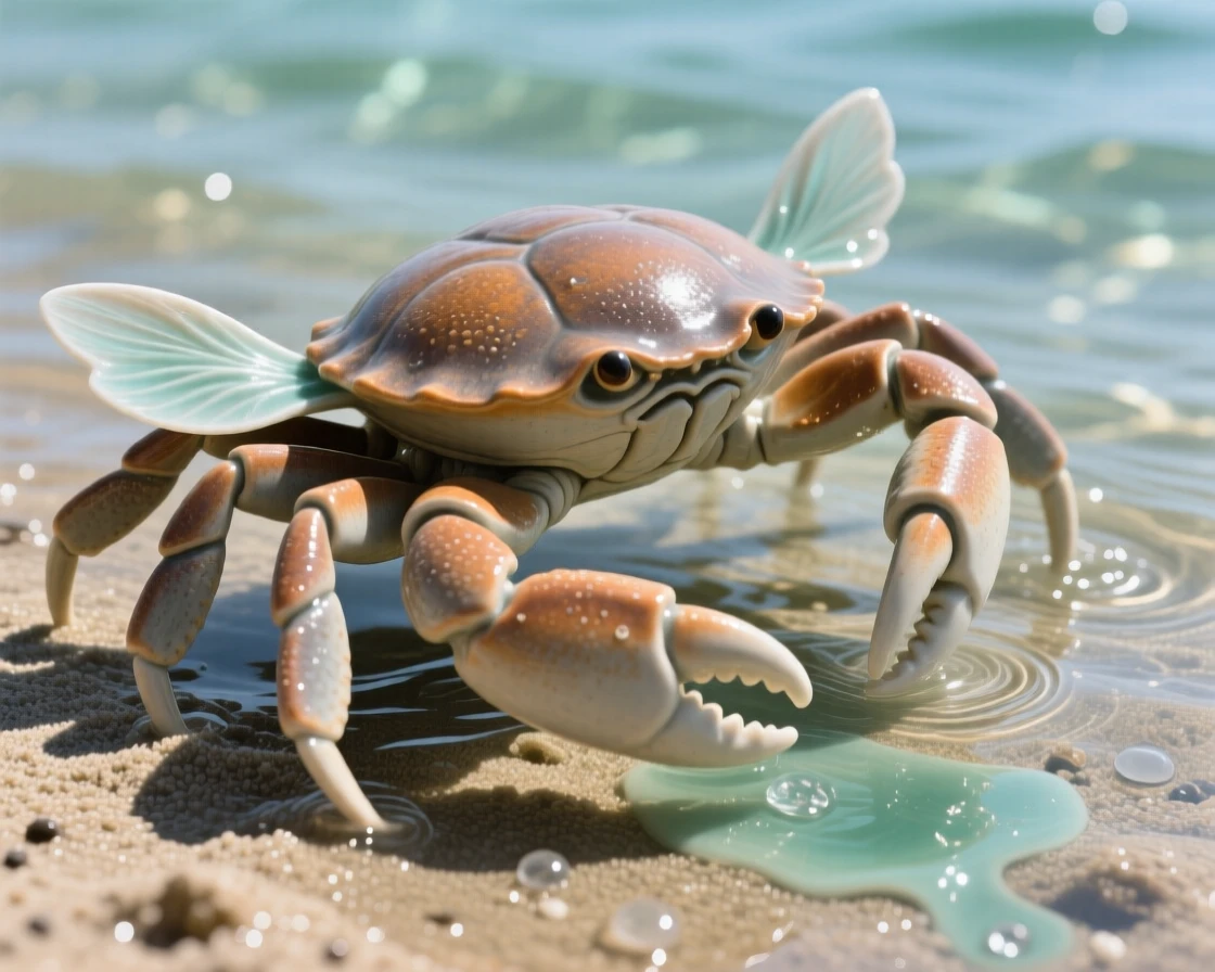 A crab scuttling across wet sand captured mid-glide through crystal waters, its fins trailing like delicate ribbons, stirring wonder at the mysteries of the deep.