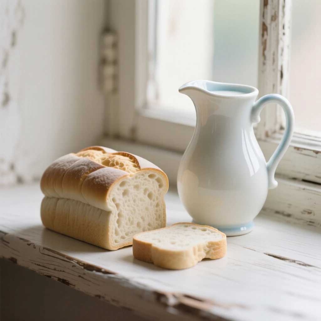A refined still-life arrangement of fresh bread and a jug of milk on a rustic windowsill, soft window light falling across the scene.