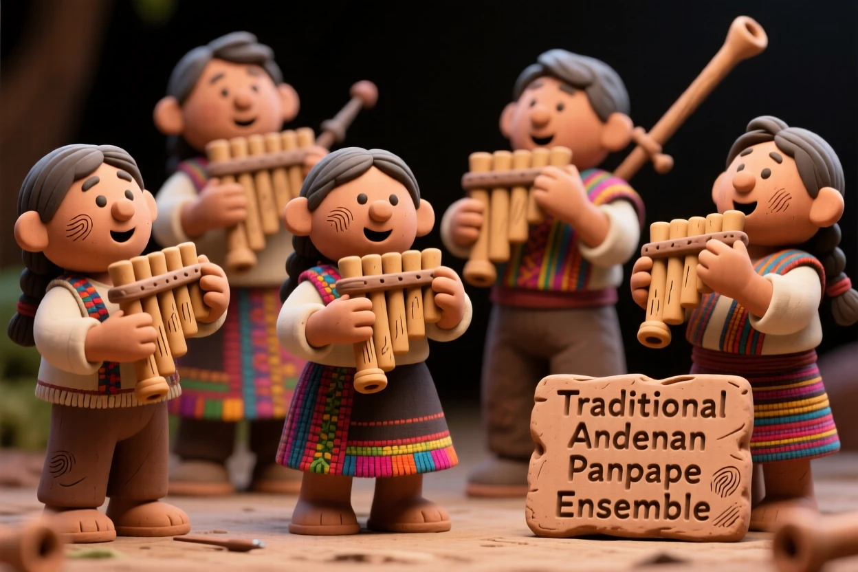 A group of performers playing traditional Andean panpipes