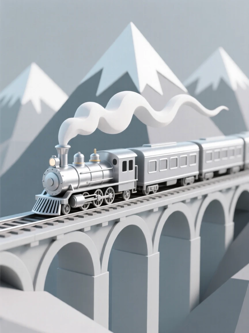 A gleaming silver train speeds across a mountain trestle bridge, steam curling behind against snowy peaks.