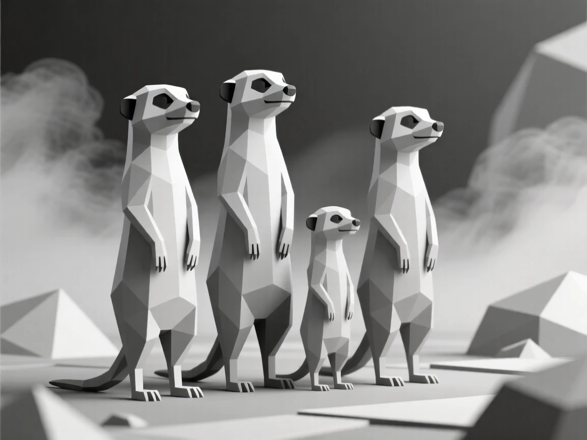 A family of meerkats standing alert on their hind legs, surrounded by drifting mist. the composition centers the subject with a shallow depth of field. The scene feels calm and majestic.