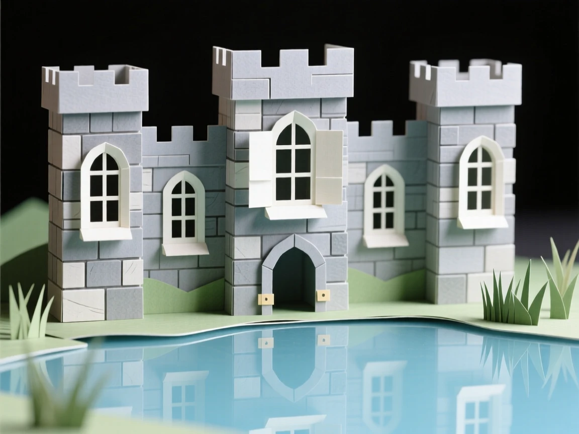 A centuries-old stone castle reflecting brilliantly in nearby still water, with tall arched windows framing the view, capturing a sense of awe and craftsmanship.