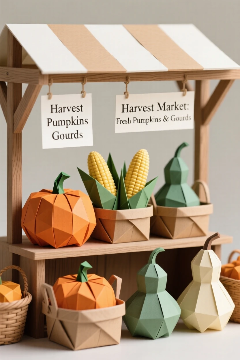 A harvest festival scene with baskets of pumpkins, corn, and gourds displayed at a market stall.