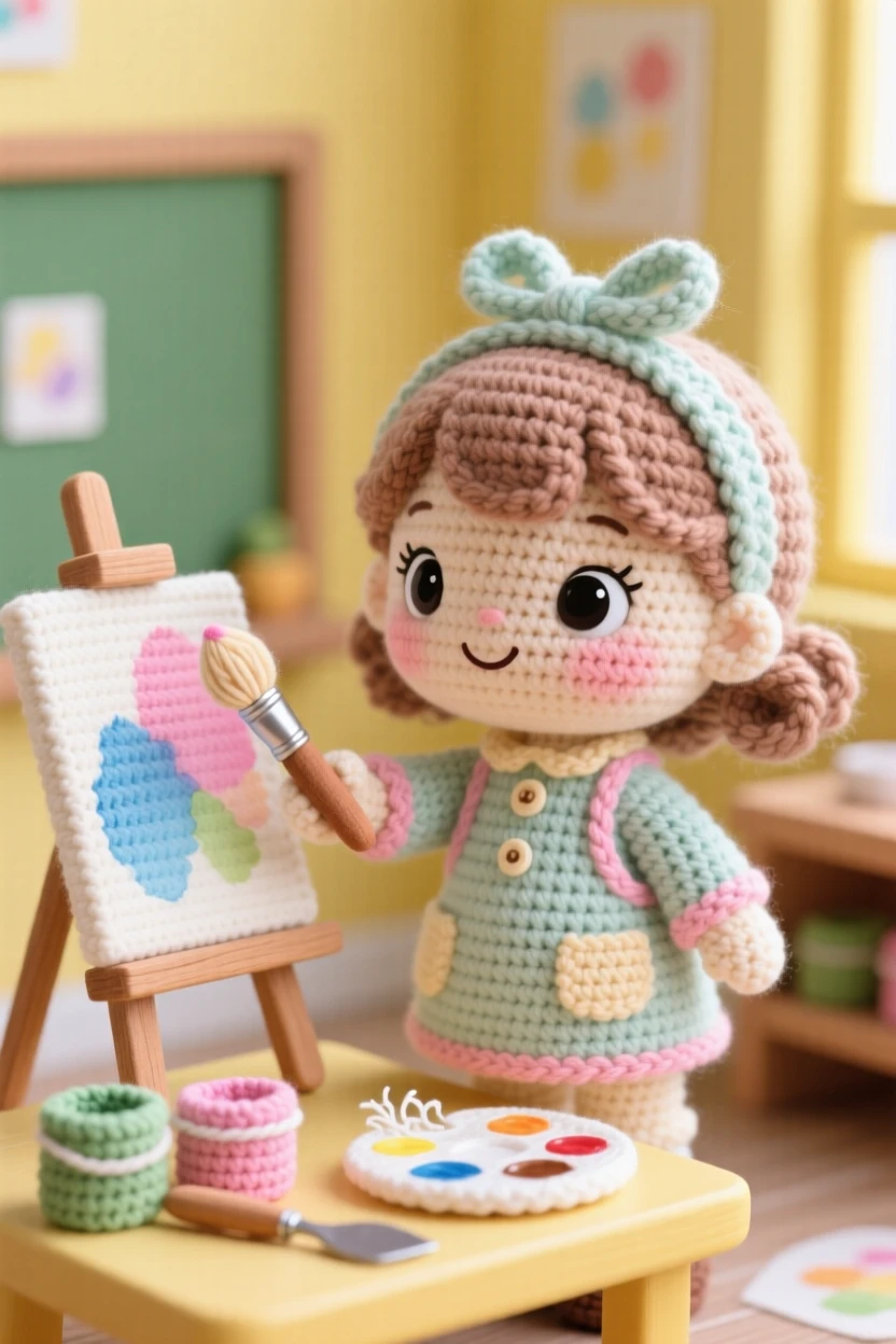 a little girl learning to paint watercolors, with a brush dipped in soft color, blending shades on a small canvas, in a bright classroom corner set up for a project, with a favorite well-worn tool resting close by, radiating joyful discovery and playful learning.