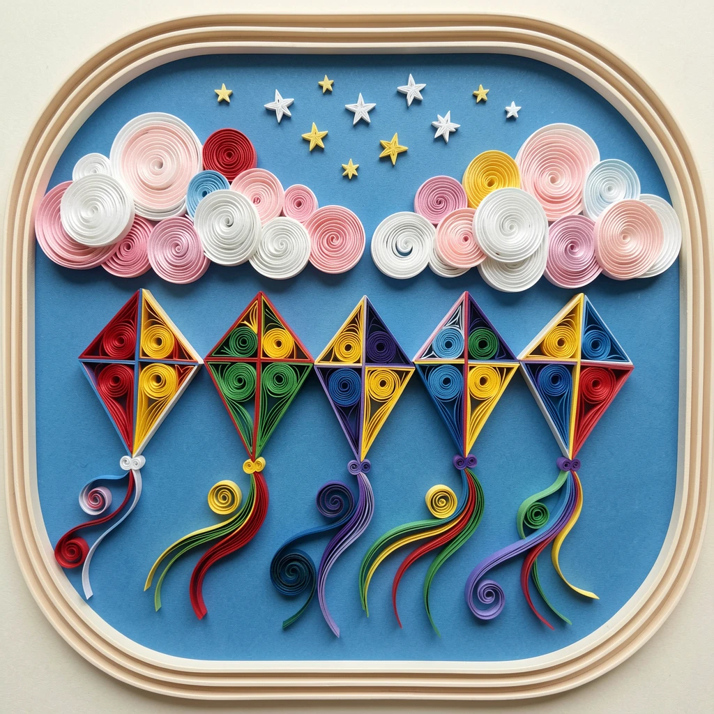 a row of colorful kites flying against a blue sky, beneath a sky full of fluffy cotton-candy clouds, framed with soft rounded borders like a picture book page, with a sprinkle of twinkling stars overhead.