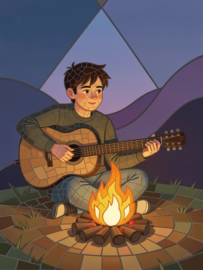 A warm, expressive portrait of a young musician playing guitar around a glowing campfire, with soft natural lighting and rich emotional detail.