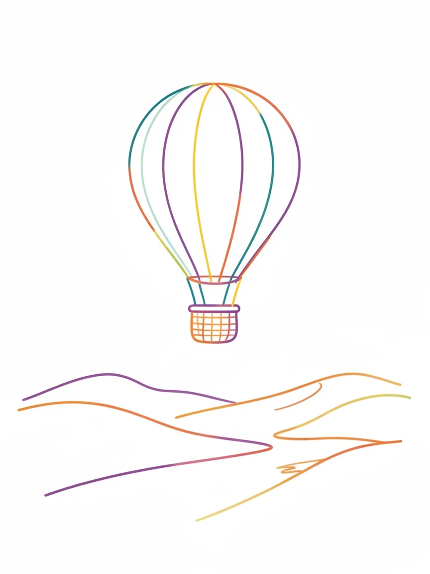 A single hot air balloon casting a long shadow over a quiet desert.