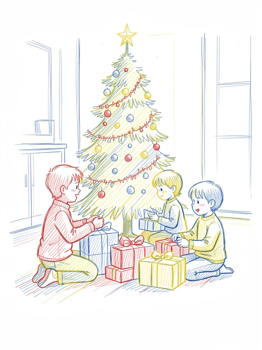 A quiet Christmas morning with children unwrapping presents by the tree