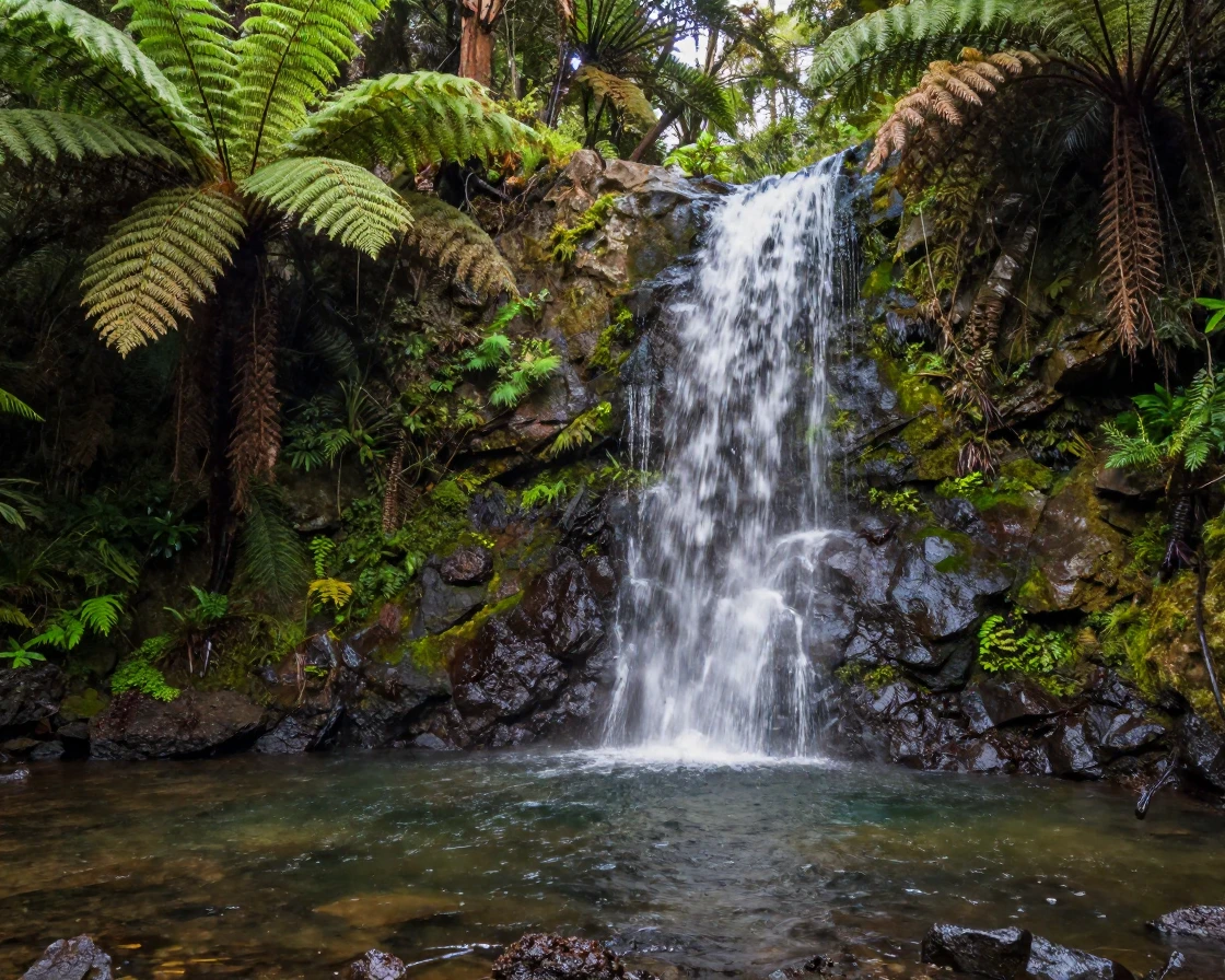 A Tasmanian rainforest waterfall surrounded by ferns