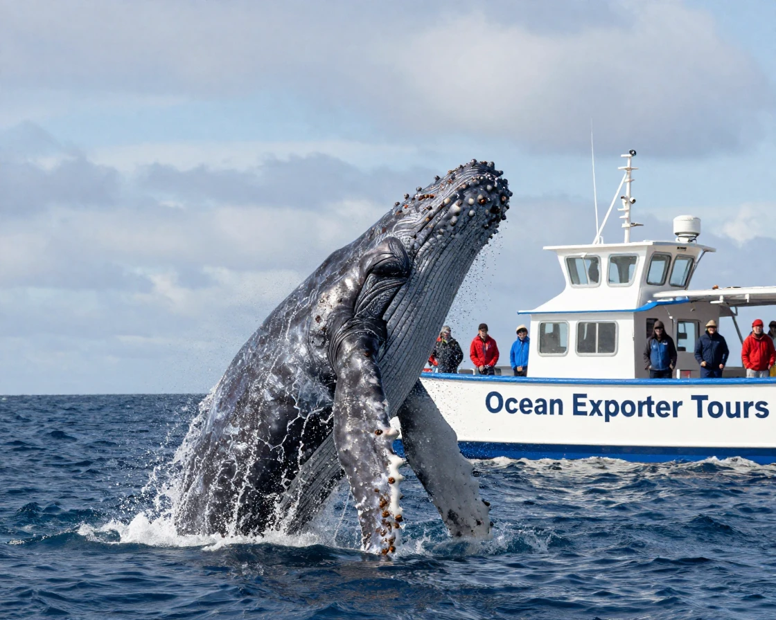 A humpback whale breaches fully out of the ocean surface near a whale-watching boat.