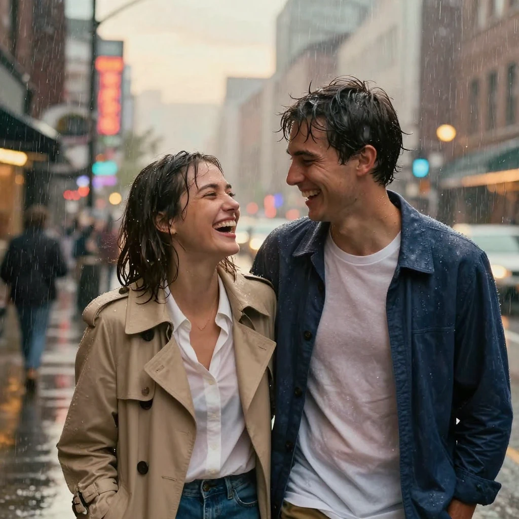 A young couple laughing together while getting caught in an unexpected rainstorm