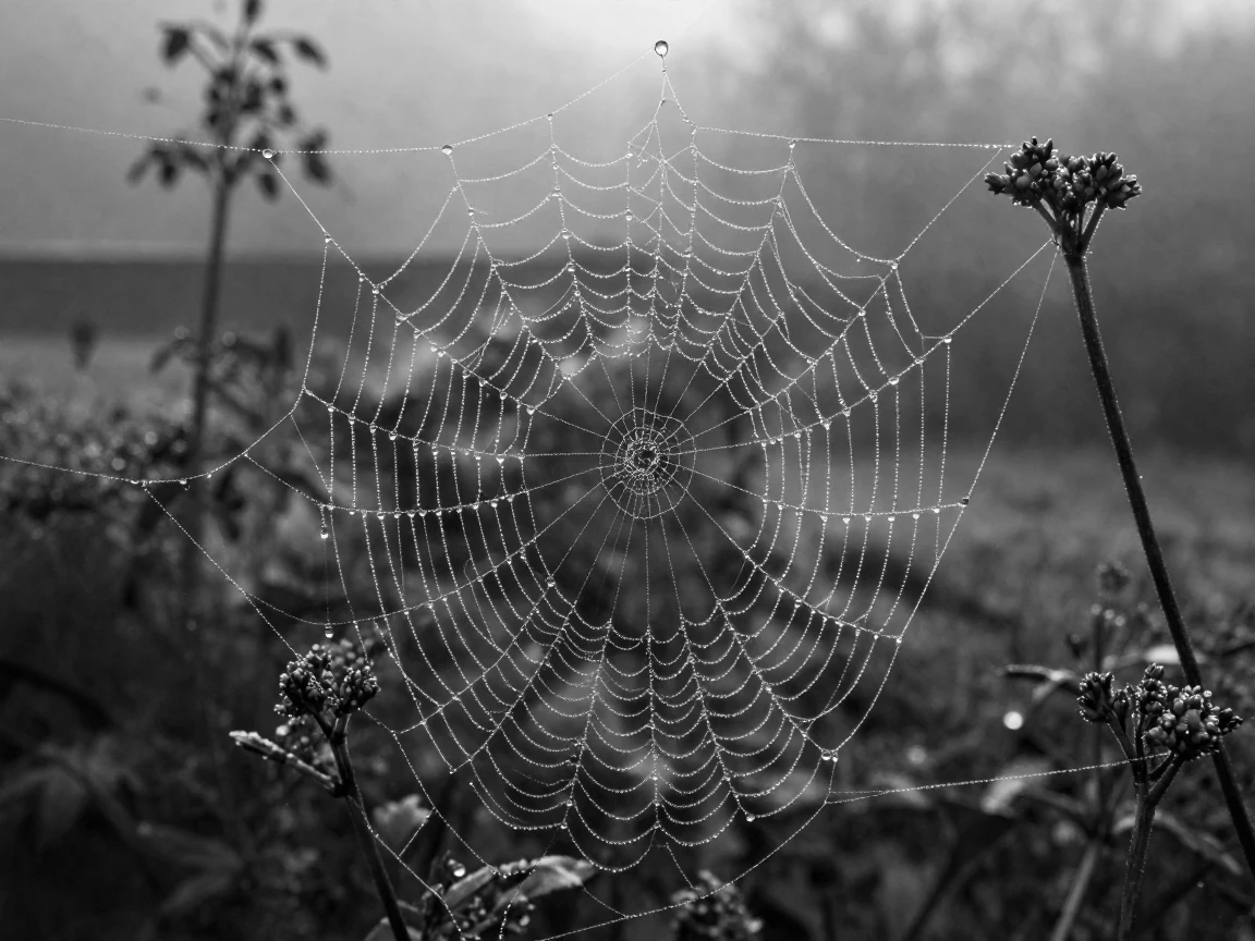 A dew-covered spiderweb glistens in the early morning light in a quiet backyard garden.