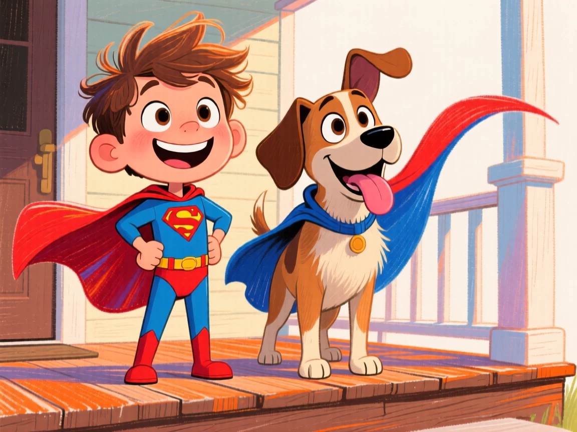 A boy and his loyal dog both wearing superhero capes, standing heroically on a porch.