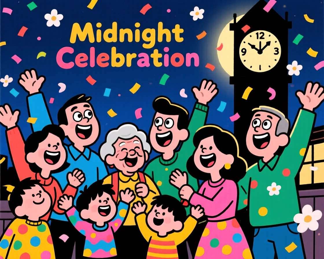 A festive celebration scene of a big extended family throwing confetti in the air at midnight, as flower petals drift through the air.