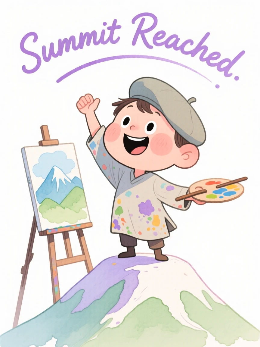 A painter at an easel reaching a mountain summit with arms raised in triumph