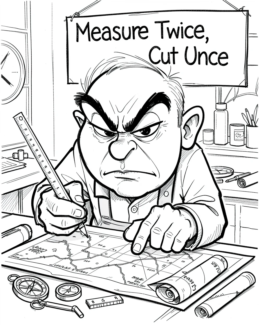 [Occupations & Hobbies] Detailed scene of a dedicated cartographer carefully measuring twice before cutting, showcasing skill and dedication