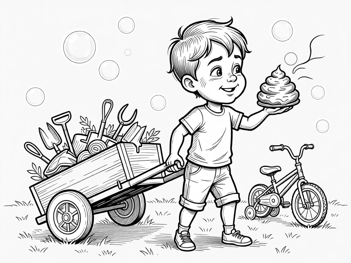 A kid proudly displaying a mud pie masterpiece, straining against the overloaded wagon handle, set in a backyard glowing with soap bubbles. A tiny bicycle with training wheels waits nearby. It feels like a cherished memory frozen in time.