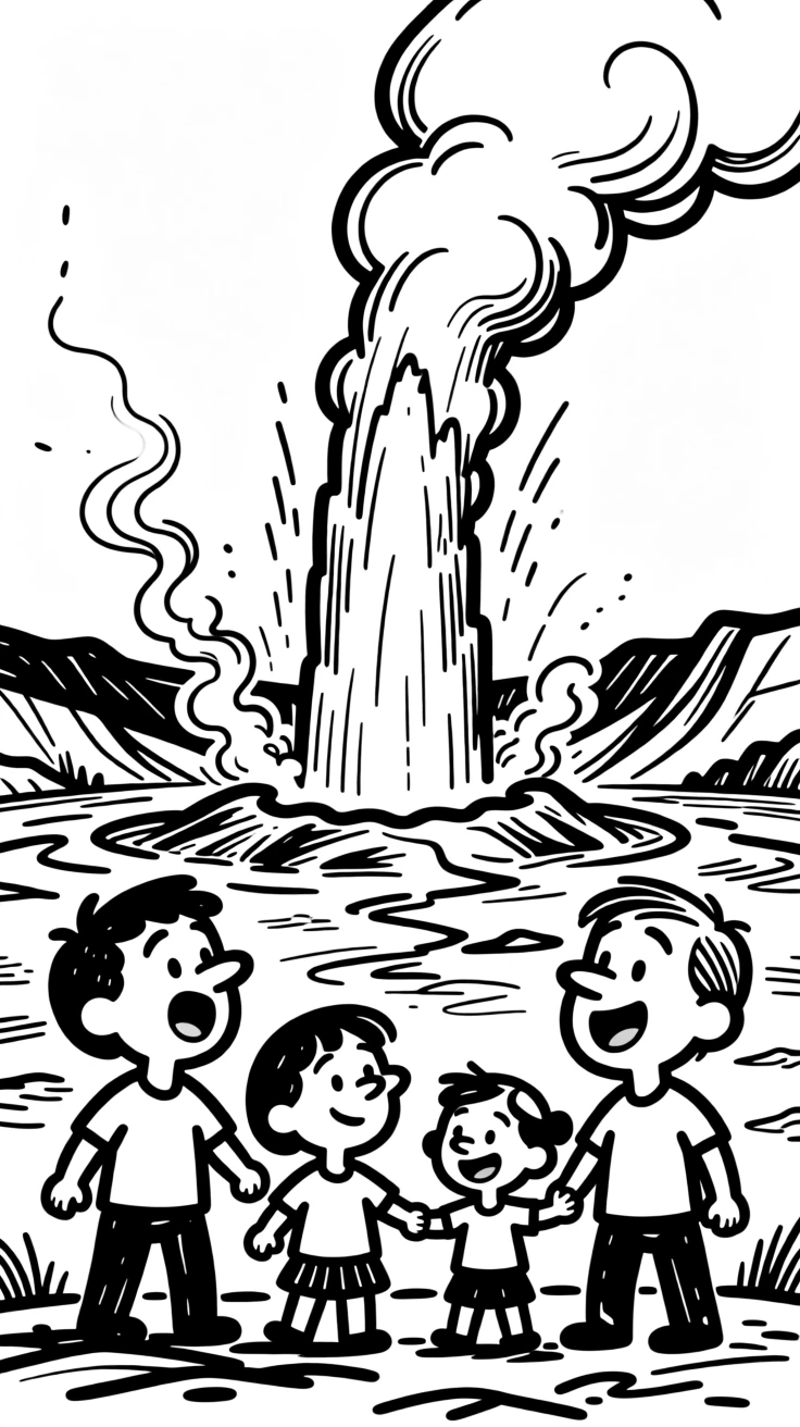 A family watching geysers erupt dramatically in a steaming volcanic landscape.