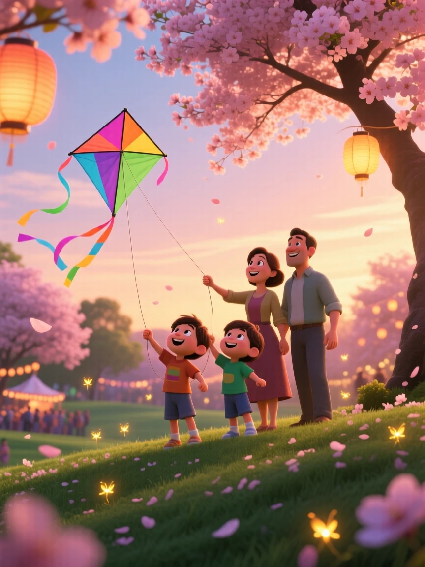 A family flying kites at a spring festival happens in a park filled with cherry blossoms, with fireflies flickering in the dusk. A cozy, cheerful spirit radiates through the moment.
