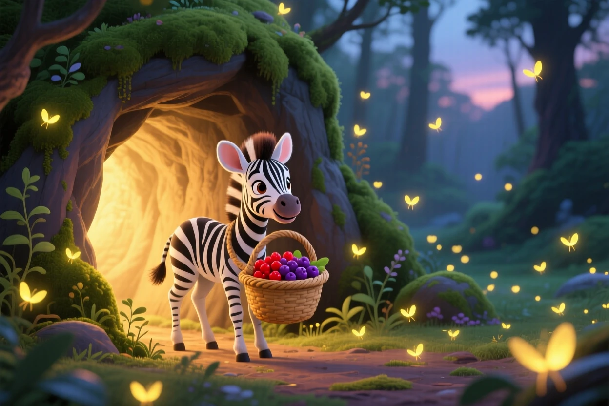 In the mouth of a mossy cave, a stripy zebra foal spends the afternoon carrying a basket of berries, while fireflies begin to glow.