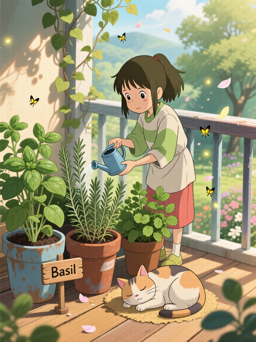 Someone watering potted herbs on a sunny balcony, a cat curled up nearby, half asleep, the whole scene feeling quietly content.
