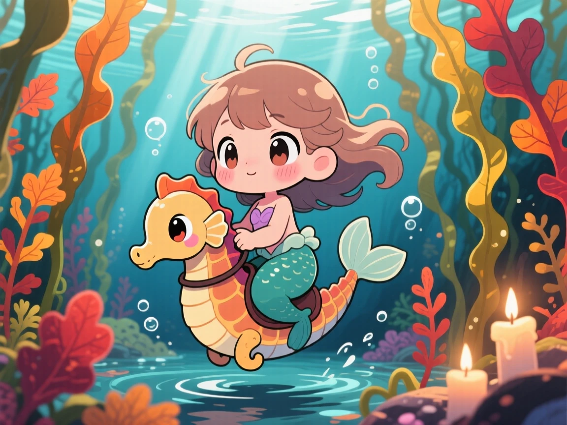 In an underwater kelp forest, a young mermaid is riding a seahorse through swaying kelp with autumn leaves swirling around, bathed in gentle candlelight, expression full of shy bashfulness. Shot as a close-up portrait.