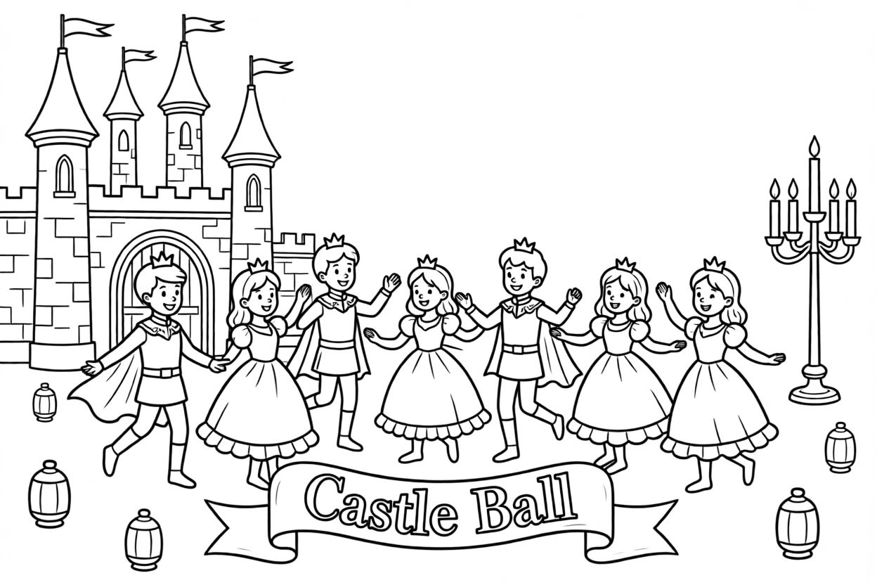 A castle ball with children dressed as princes and princesses