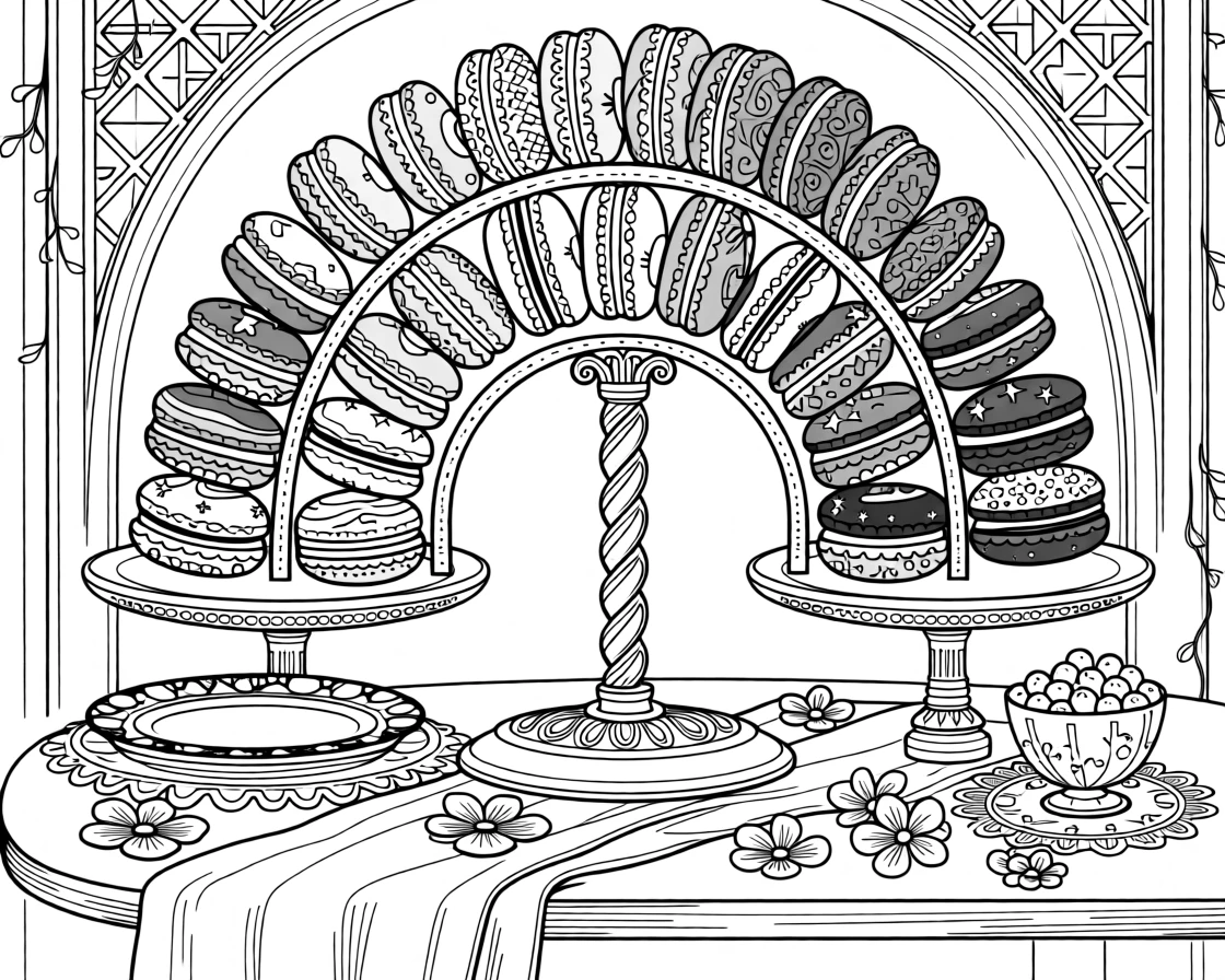 A gourmet macaron display arranged in a rainbow of pastel shells.